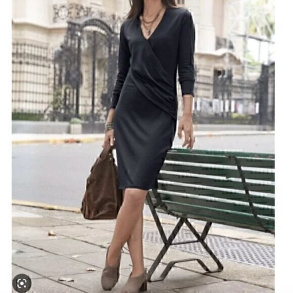 Sundance Black Knit Long Sleeve Faux Wrap Dress